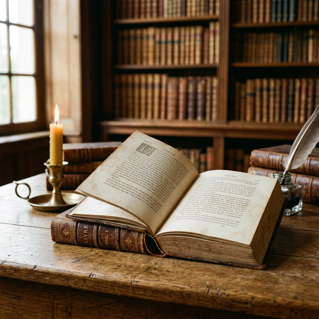 Open antique book on wooden table with lit candle and quill in ink bottle