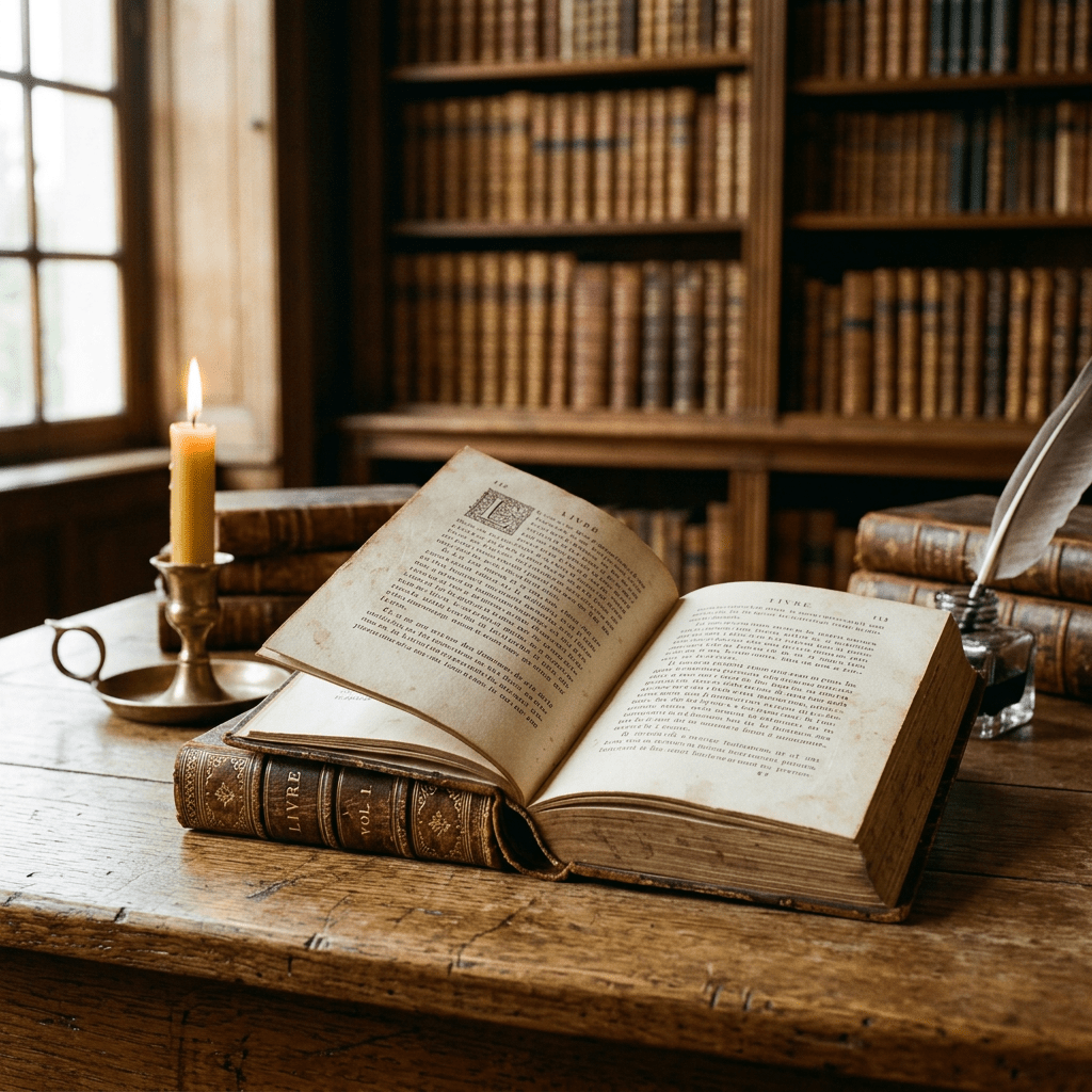 Open antique book on wooden table with lit candle and quill in ink bottle